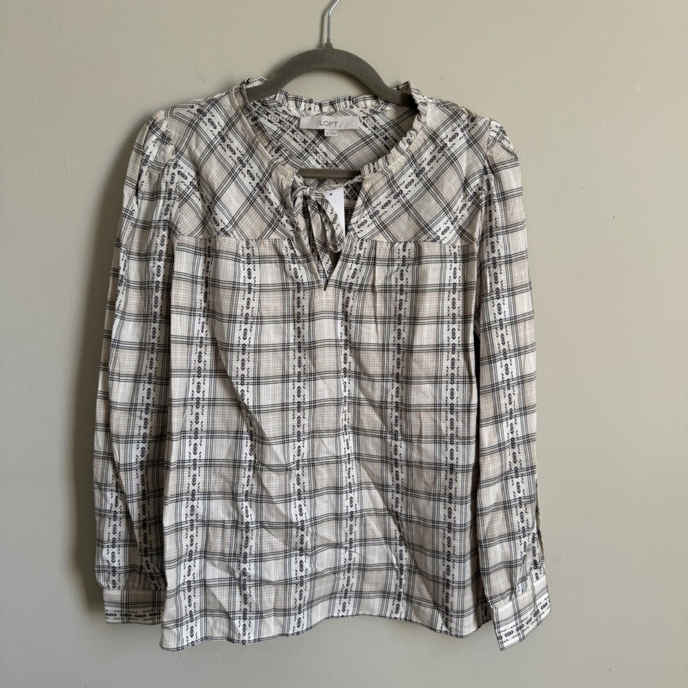 Loft Womens Small Plaid Ruffle Neck Tie Front Long Sleeve Blouse Neutral Ivory